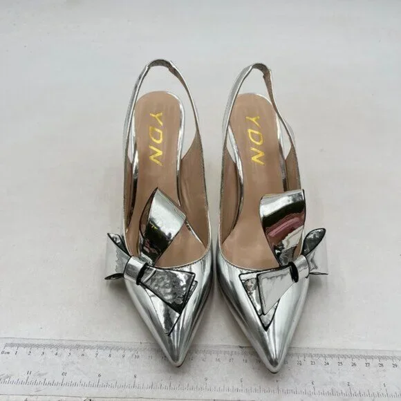 YDN Women Stiletto Heel Pumps Bow Pointed Toe Slingback Slip on Sandals Sliver - Picture 3 of 8